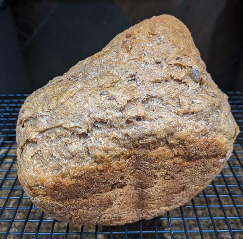 Picture of a loaf of whole wheat bread successfully baked using an inverter and battery.